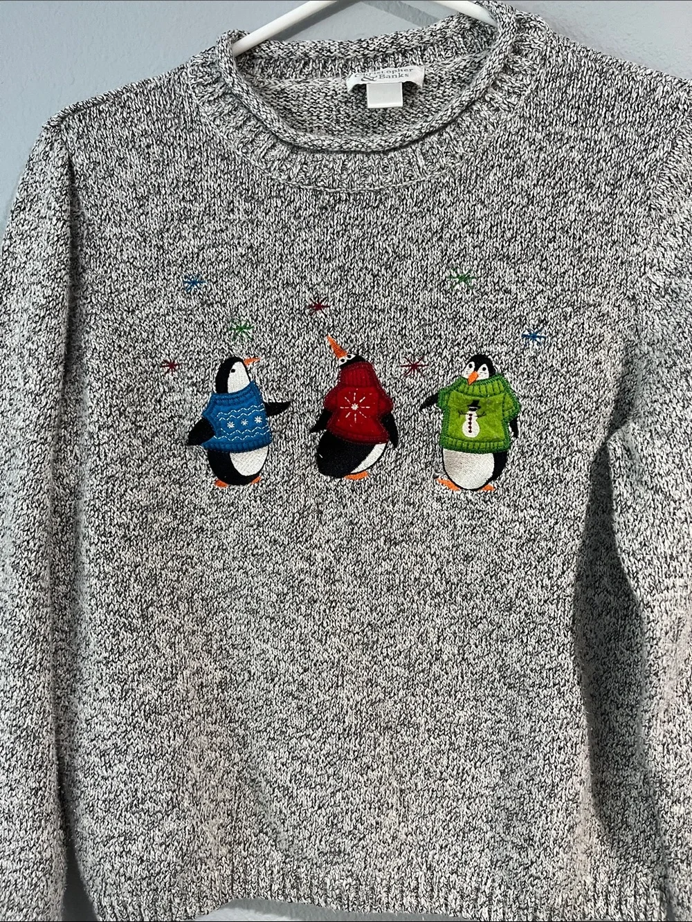 Christopher & Banks Grey Marled Crewneck Sweater with Embroidered Penguins